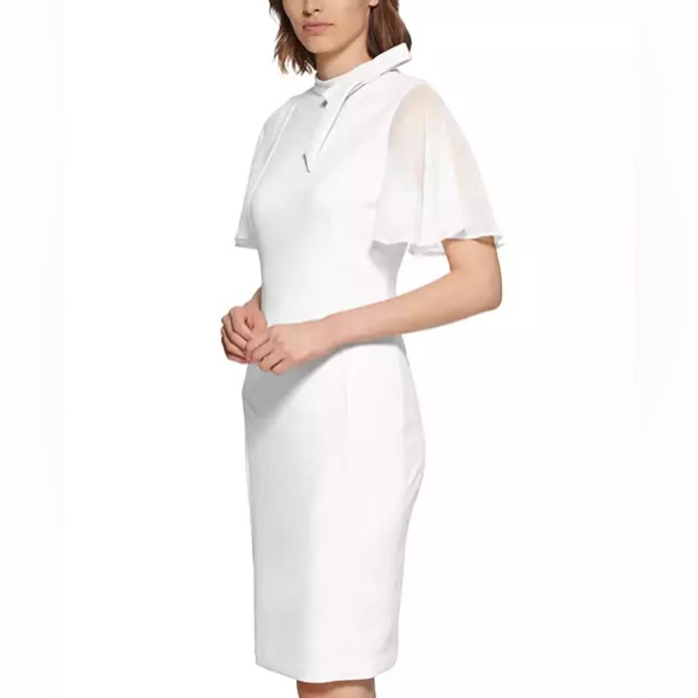 CALVIN KLEIN White Tie-Neck Chiffon-Flutter-Sleeve Sheath Dress